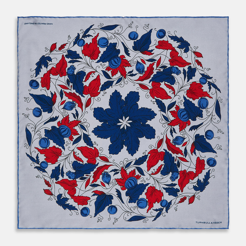 Blue and Red Foliage Pattern Silk Pocket Square
