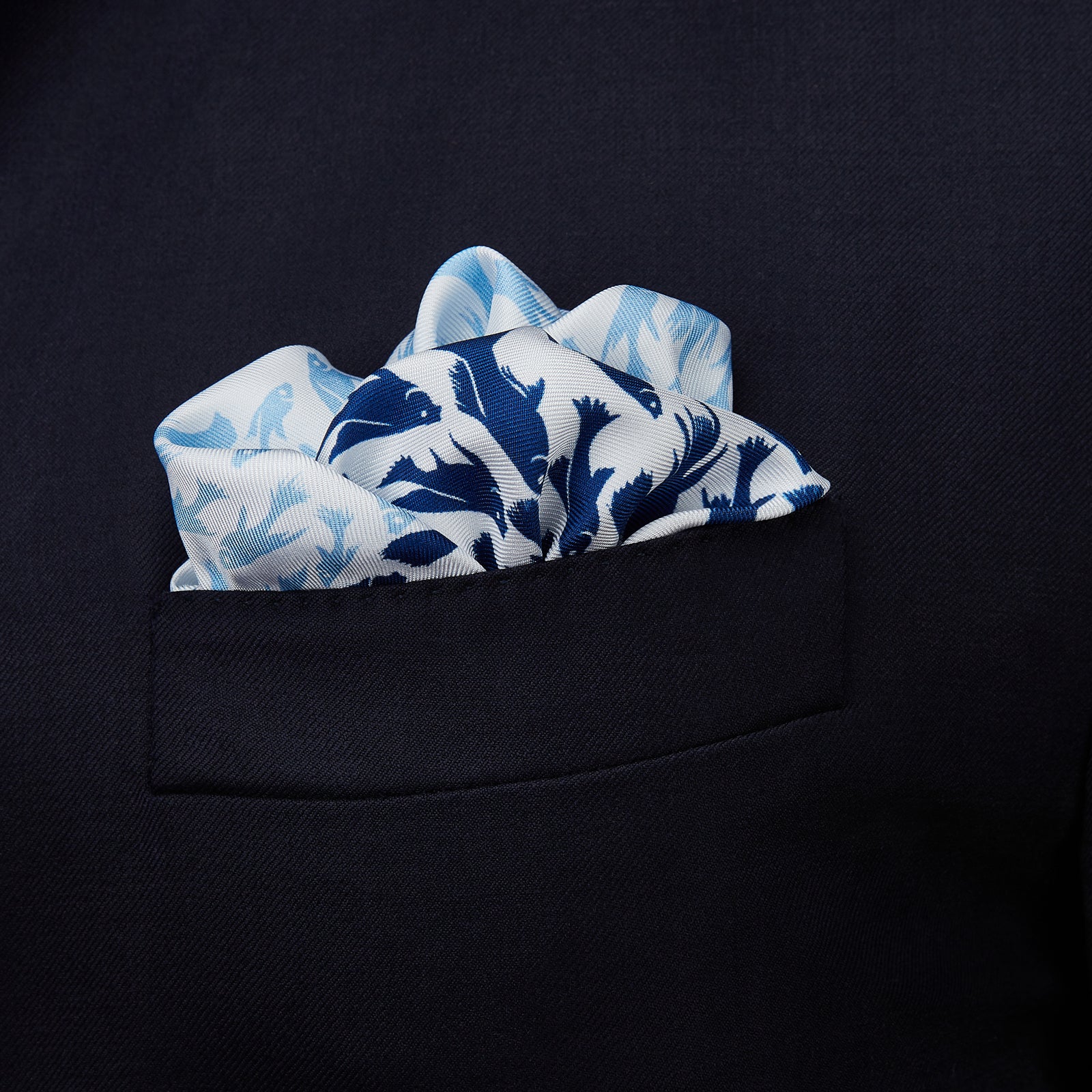 Navy and Eggshell Fish Mosaic Silk Pocket Square