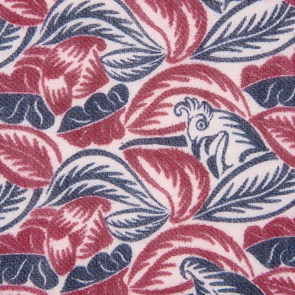 The Turnbull & Asser Pink And Blue Tropical Bird Pattern Wool Pocket Square is a lightweight accessory, featuring vibrant pink and blue birds on wool with a bold geometric border.