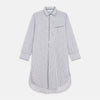 View 1 of product The Turnbull & Asser White and Navy Striped Cotton Sussex Nightshirt features long sleeves, a knee-length cut, a collar, front buttons, a chest pocket with dark trim, and a curved hem for modern comfort inspired by tradition.