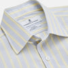 View 2 of product The Yellow and Pale Blue Multi Stripe Cotton Regular Fit Whitby Shirt by Turnbull & Asser features light blue and yellow stripes on white, a classic collar, white buttons, long sleeves, and wide double cuffs.