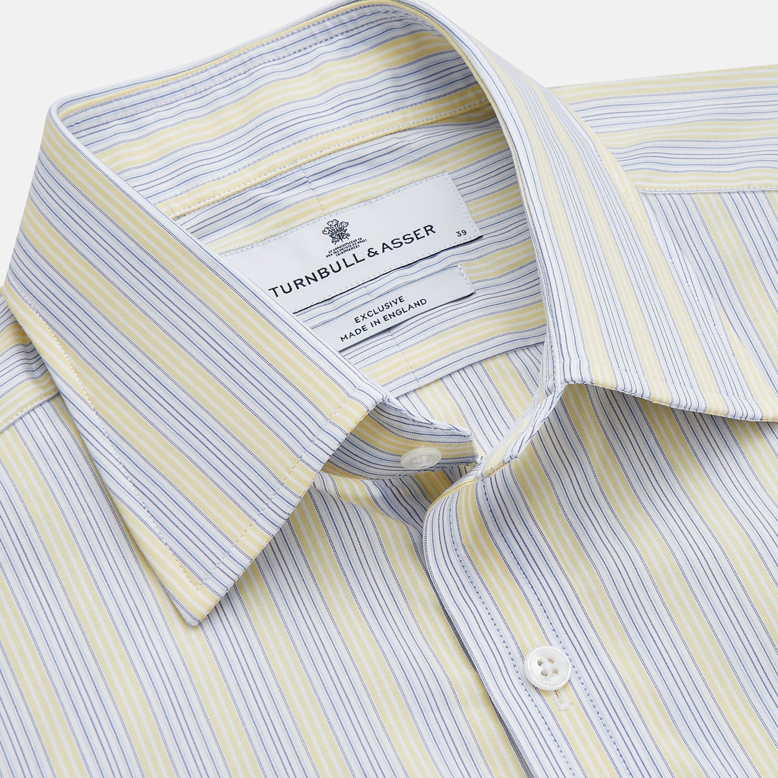 View 2 of product The Yellow and Pale Blue Multi Stripe Cotton Regular Fit Whitby Shirt by Turnbull & Asser features light blue and yellow stripes on white, a classic collar, white buttons, long sleeves, and wide double cuffs.