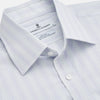 View 2 of product A Purple and Mint Multi Stripe Cotton Regular Fit Whitby Shirt by Turnbull & Asser with long sleeves, button-up front, pointed collar, and buttoned cuffs is laid flat on a white background.
