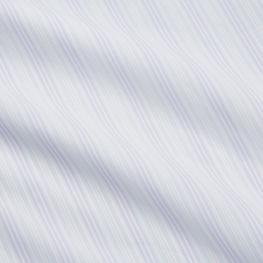 A Purple and Mint Multi Stripe Cotton Regular Fit Whitby Shirt by Turnbull & Asser with long sleeves, button-up front, pointed collar, and buttoned cuffs is laid flat on a white background.
