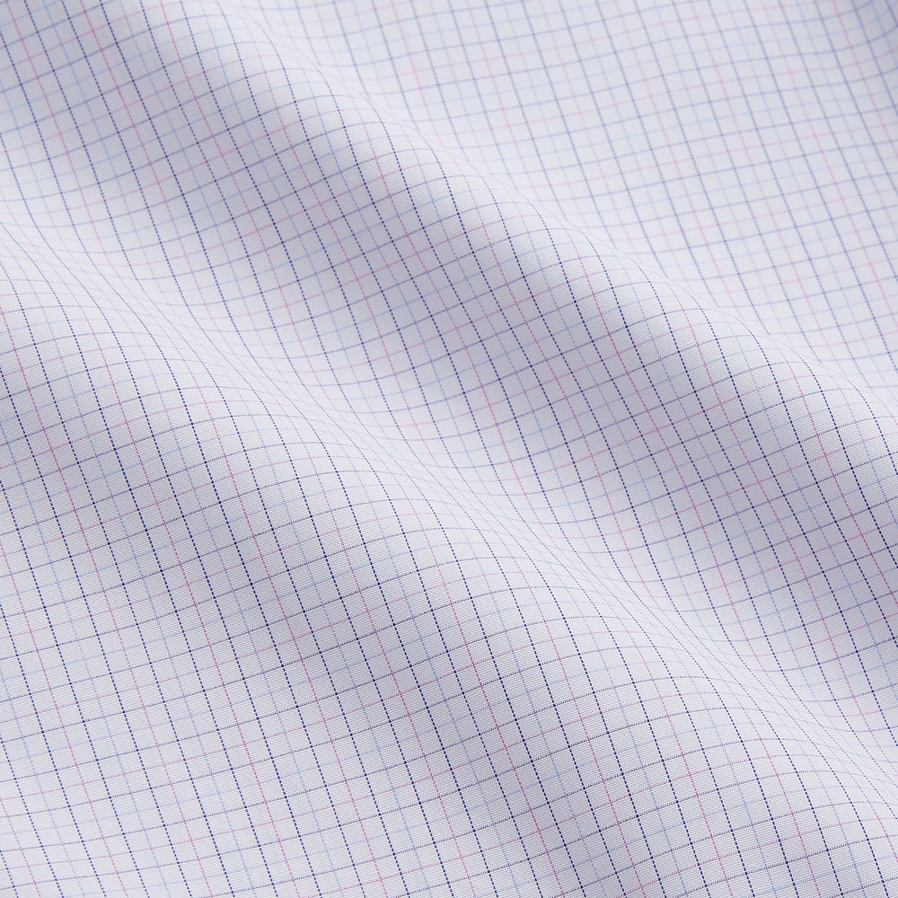 The Turnbull & Asser Blue Multi Check Cotton Regular Fit Mayfair Shirt features long sleeves, a button-down front, pointed collar, and buttoned cuffs, displayed on a plain white background.