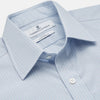 View 3 of product The Turnbull & Asser Pale Blue Stripe West Indian Sea Island Cotton Regular Fit Mayfair Shirt features long sleeves, a button-down front, and a classic collar—an essential for any men's wardrobe, shown on a plain white background.