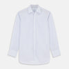 View 1 of product The Turnbull & Asser Pale Blue and White Multi-stripe Cotton Regular Fit Mayfair Shirt features a T&A collar and buttoned cuffs, shown on a plain white background.