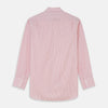 View 5 of product The Turnbull & Asser Pink and White Stripe Cotton Regular Fit Mayfair Shirt features a T&A collar, long sleeves, and white buttons, shown against a plain white background.