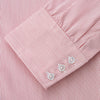 View 3 of product The Turnbull & Asser Pink and White Stripe Cotton Regular Fit Mayfair Shirt features a T&A collar, long sleeves, and white buttons, shown against a plain white background.