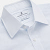 View 2 of product A Cloudy Blue Stripe Cotton Regular Fit Mayfair Shirt by Turnbull & Asser, featuring a T&A collar and button-down front, is laid flat on a plain white background.