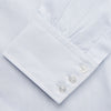 View 3 of product A Cloudy Blue Stripe Cotton Regular Fit Mayfair Shirt by Turnbull & Asser, featuring a T&A collar and button-down front, is laid flat on a plain white background.