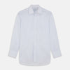 View 1 of product A Cloudy Blue Stripe Cotton Regular Fit Mayfair Shirt by Turnbull & Asser, featuring a T&A collar and button-down front, is laid flat on a plain white background.