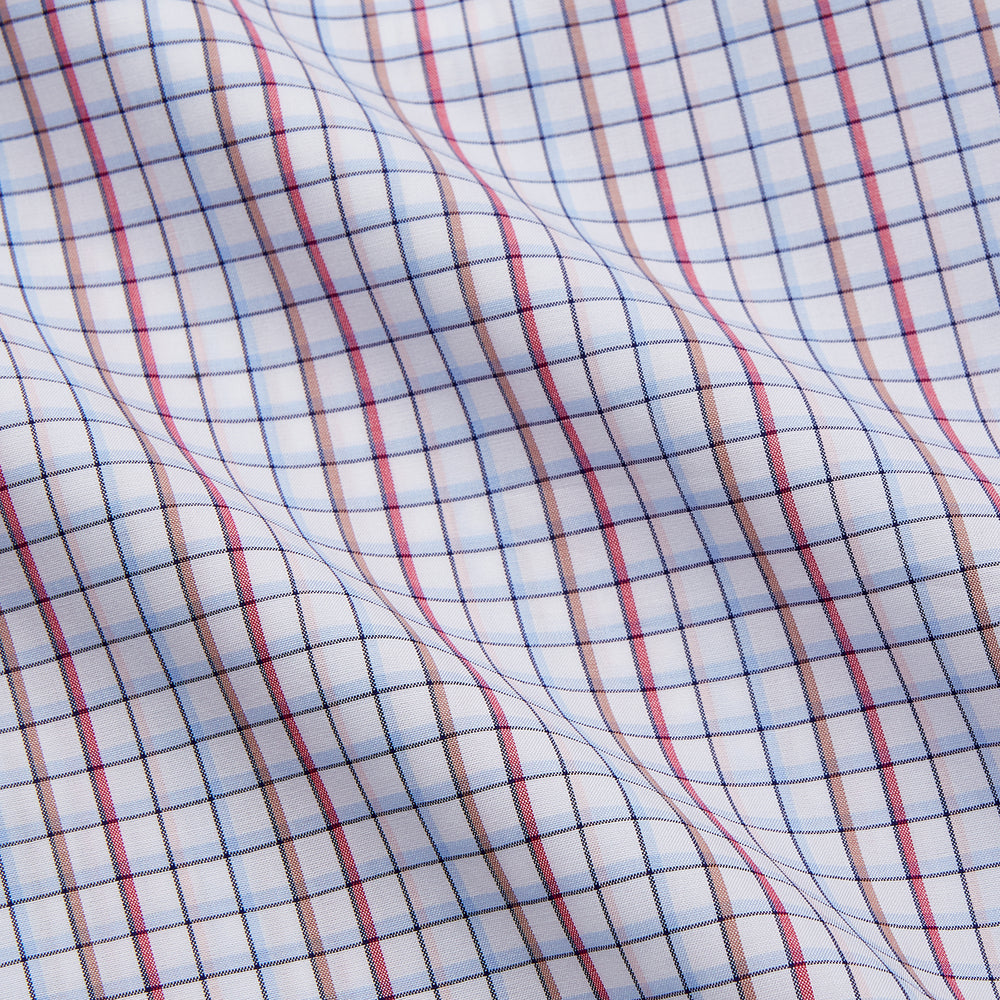 The Turnbull & Asser Red Multi-check Cotton Regular Fit Mayfair Shirt for men features a T&A collar, button cuffs, and a small red check pattern, shown laid flat on a white background.