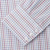 View 3 of product The Turnbull & Asser Red Multi-check Cotton Regular Fit Mayfair Shirt for men features a T&A collar, button cuffs, and a small red check pattern, shown laid flat on a white background.