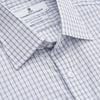 View 2 of product The Turnbull & Asser White and Blue Check Cotton Regular Fit Mayfair Shirt features a classic button-up design with long sleeves, traditional collar and cuffs, displayed flat against a white background.