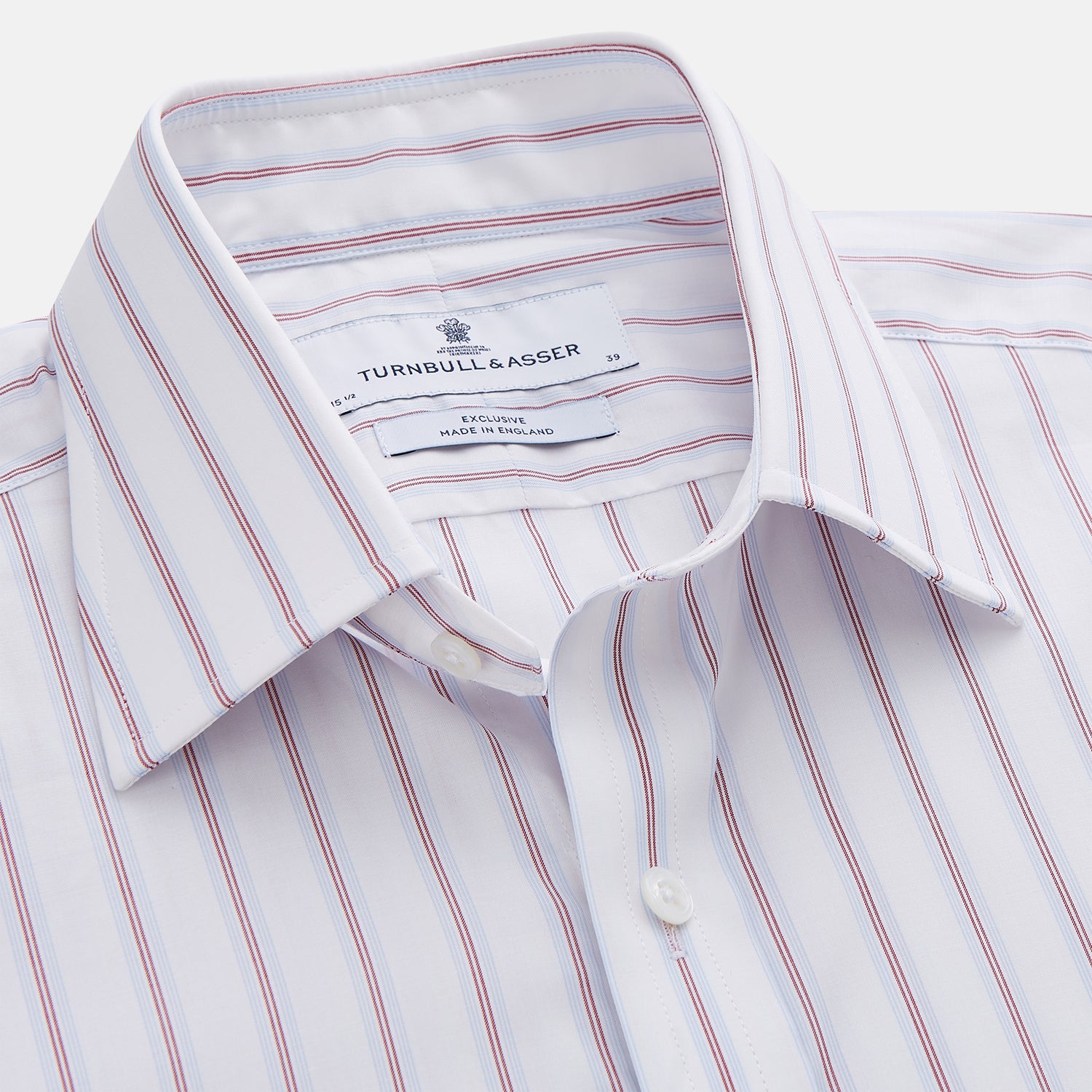 View 4 of product The Turnbull & Asser Red and Blue Multi-stripe Cotton Regular Fit Mayfair Shirt features a button-down front and classic collar, displayed on a plain white background.