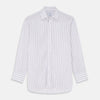 View 1 of product The Turnbull & Asser Red and Blue Multi-stripe Cotton Regular Fit Mayfair Shirt features a button-down front and classic collar, displayed on a plain white background.