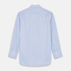 View 5 of product The Turnbull & Asser Pale Blue Multi-stripe Cotton Regular Fit Mayfair Shirt, featuring long sleeves, buttoned cuffs, and a signature T&A collar, is laid flat on a white background.