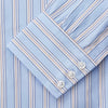 View 3 of product The Turnbull & Asser Pale Blue Multi-stripe Cotton Regular Fit Mayfair Shirt, featuring long sleeves, buttoned cuffs, and a signature T&A collar, is laid flat on a white background.
