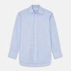 View 1 of product The Turnbull & Asser Pale Blue Multi-stripe Cotton Regular Fit Mayfair Shirt, featuring long sleeves, buttoned cuffs, and a signature T&A collar, is laid flat on a white background.