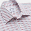 View 2 of product The Turnbull & Asser Red Multi-stripe Cotton Regular Fit Mayfair Shirt features red and blue vertical stripes on white, a T&A collar, and long sleeves. The shirt is shown neatly laid flat on a white surface.