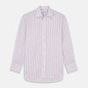 View 1 of product The Turnbull & Asser Red Multi-stripe Cotton Regular Fit Mayfair Shirt features red and blue vertical stripes on white, a T&A collar, and long sleeves. The shirt is shown neatly laid flat on a white surface.
