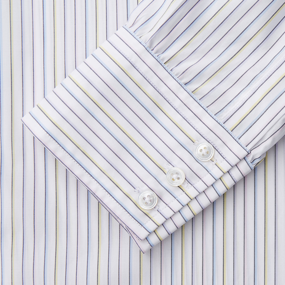 The Turnbull & Asser Purple Multi-stripe Cotton Regular Fit Mayfair Shirt is a men’s button-up with a T&A collar, showcasing thin vertical stripes, neatly laid flat against a white background.