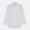 View 1 of product The Turnbull & Asser Purple Multi-stripe Cotton Regular Fit Mayfair Shirt is a men’s button-up with a T&A collar, showcasing thin vertical stripes, neatly laid flat against a white background.