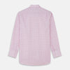 View 5 of product The Turnbull & Asser Pink Multi-check Cotton Regular Fit Mayfair Shirt features long sleeves, a T&A collar, buttoned cuffs, and a light pink check pattern, shown against a plain white background.