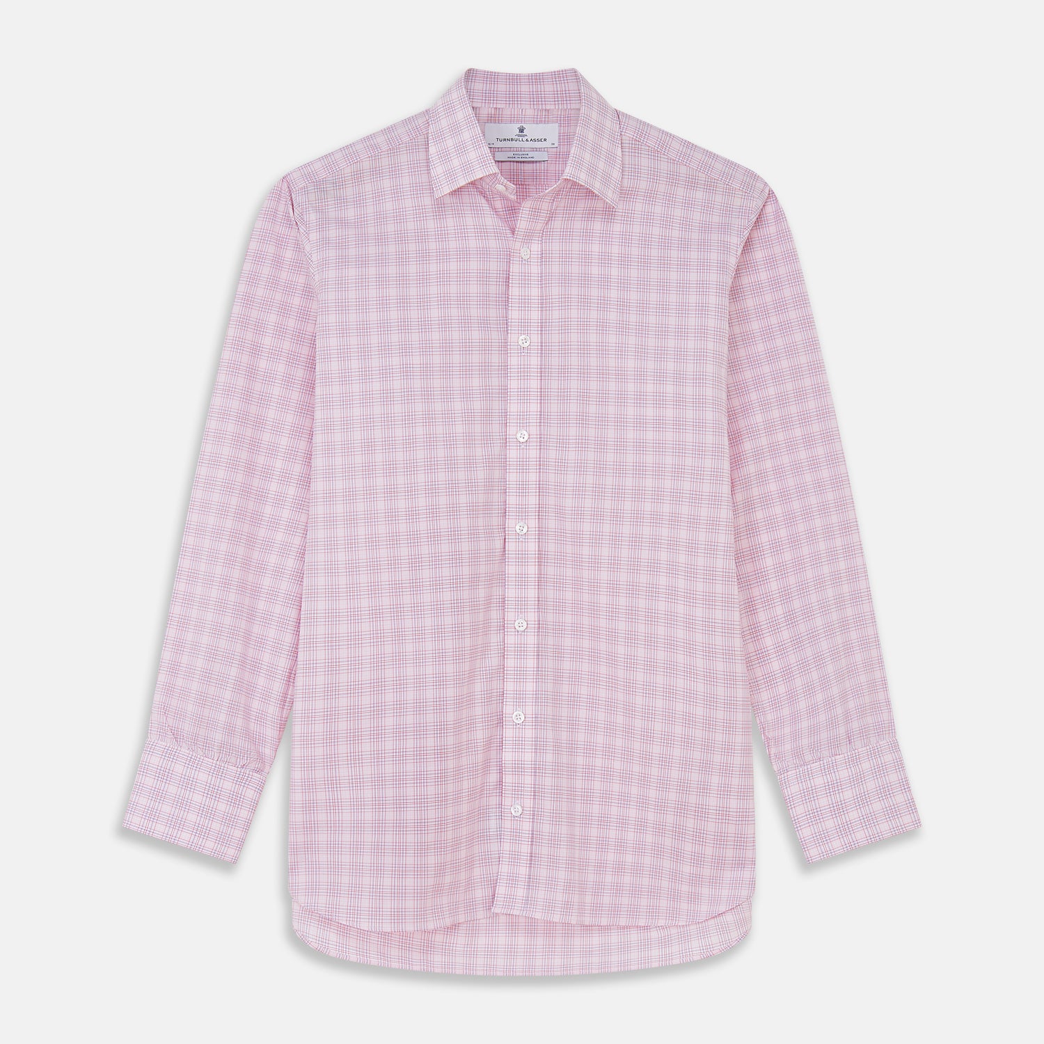 View 1 of product The Turnbull & Asser Pink Multi-check Cotton Regular Fit Mayfair Shirt features long sleeves, a T&A collar, buttoned cuffs, and a light pink check pattern, shown against a plain white background.