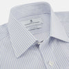View 2 of product The Turnbull & Asser Pale Blue and White Multi-stripe Cotton Regular Fit Mayfair Shirt features a T&A collar and buttoned cuffs, shown on a plain white background.
