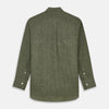 View 5 of product The Sage Green Linen Weekend Fit Finch Shirt by Turnbull & Asser features a classic collar, white buttons, and a single chest pocket—an essential piece for any men's wardrobe. Displayed flat on a white background for a clean look.