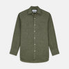 View 1 of product The Sage Green Linen Weekend Fit Finch Shirt by Turnbull & Asser features a classic collar, white buttons, and a single chest pocket—an essential piece for any men's wardrobe. Displayed flat on a white background for a clean look.