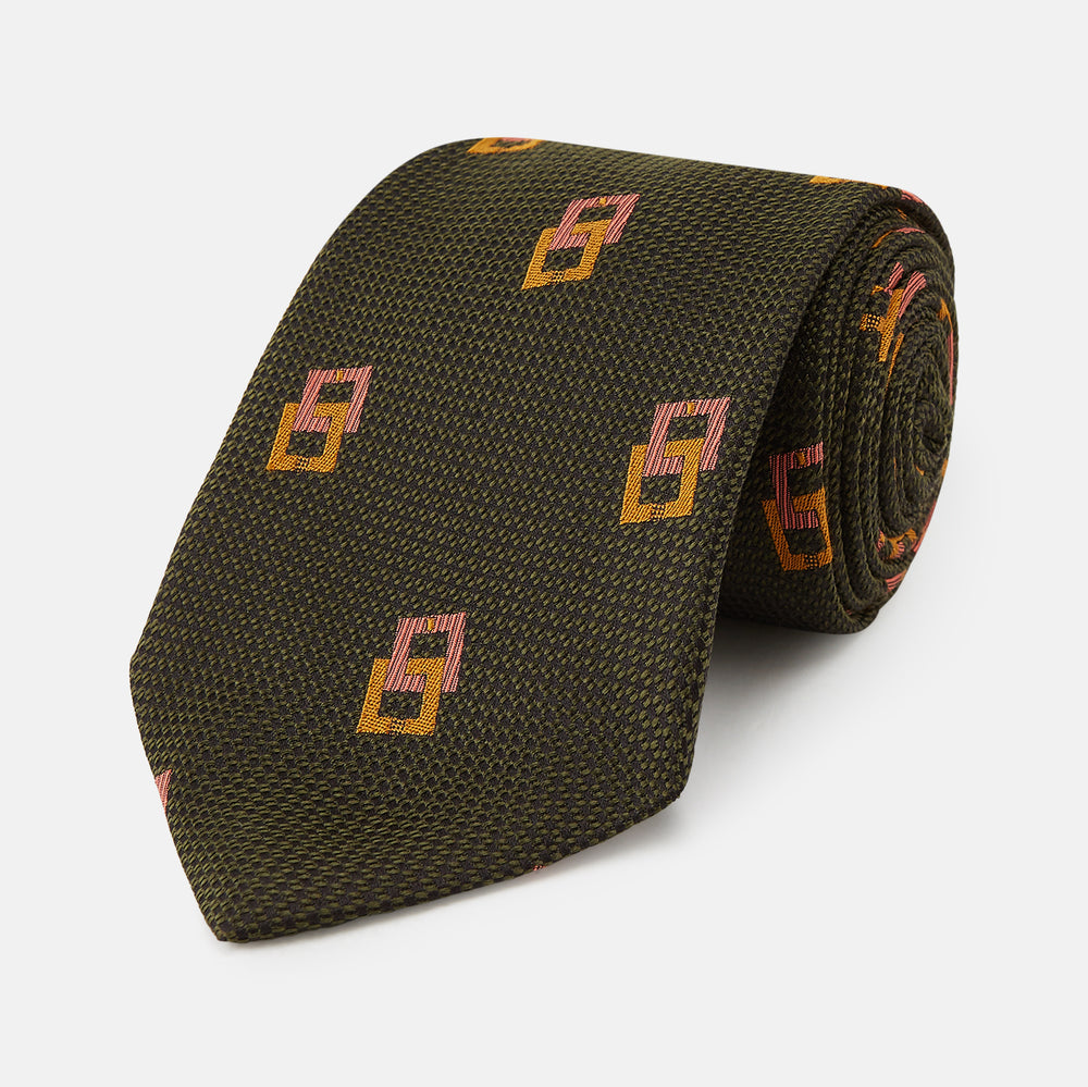 Dark Green Geometric Squares Silk Tie