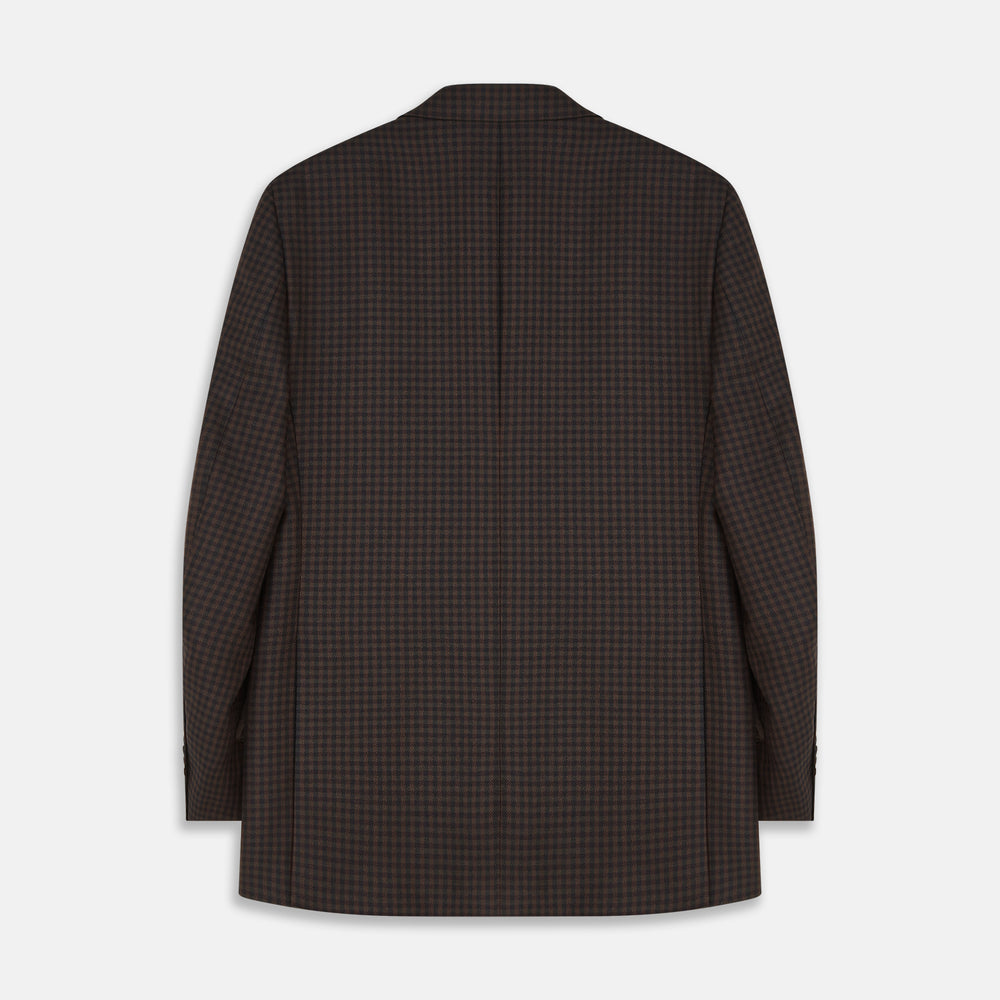 The Turnbull & Asser Brown and Navy Checked Wool Barrington Blazer, tailored in Italy with notched lapels, a chest pocket, two front flap pockets, and a single-breasted closure, is shown on a plain white background.