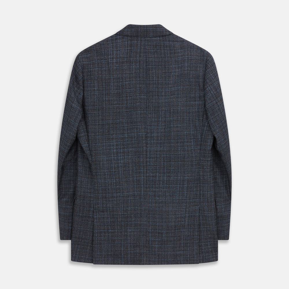 The Turnbull & Asser Navy Check Wool and Cashmere Blend Double Breasted Bertie Blazer features peak lapels, front flap pockets, and brown buttons, shown against a plain white background.
