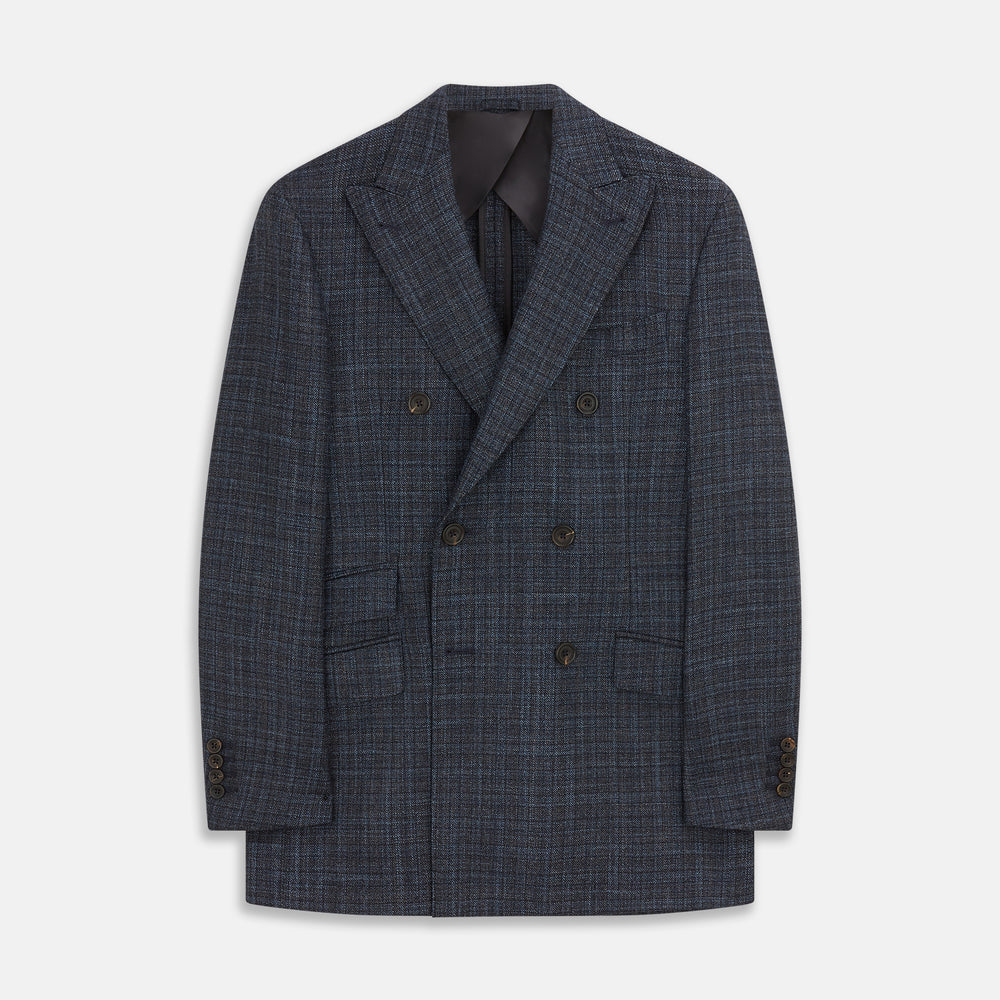 The Turnbull & Asser Navy Check Wool and Cashmere Blend Double Breasted Bertie Blazer features peak lapels, front flap pockets, and brown buttons, shown against a plain white background.