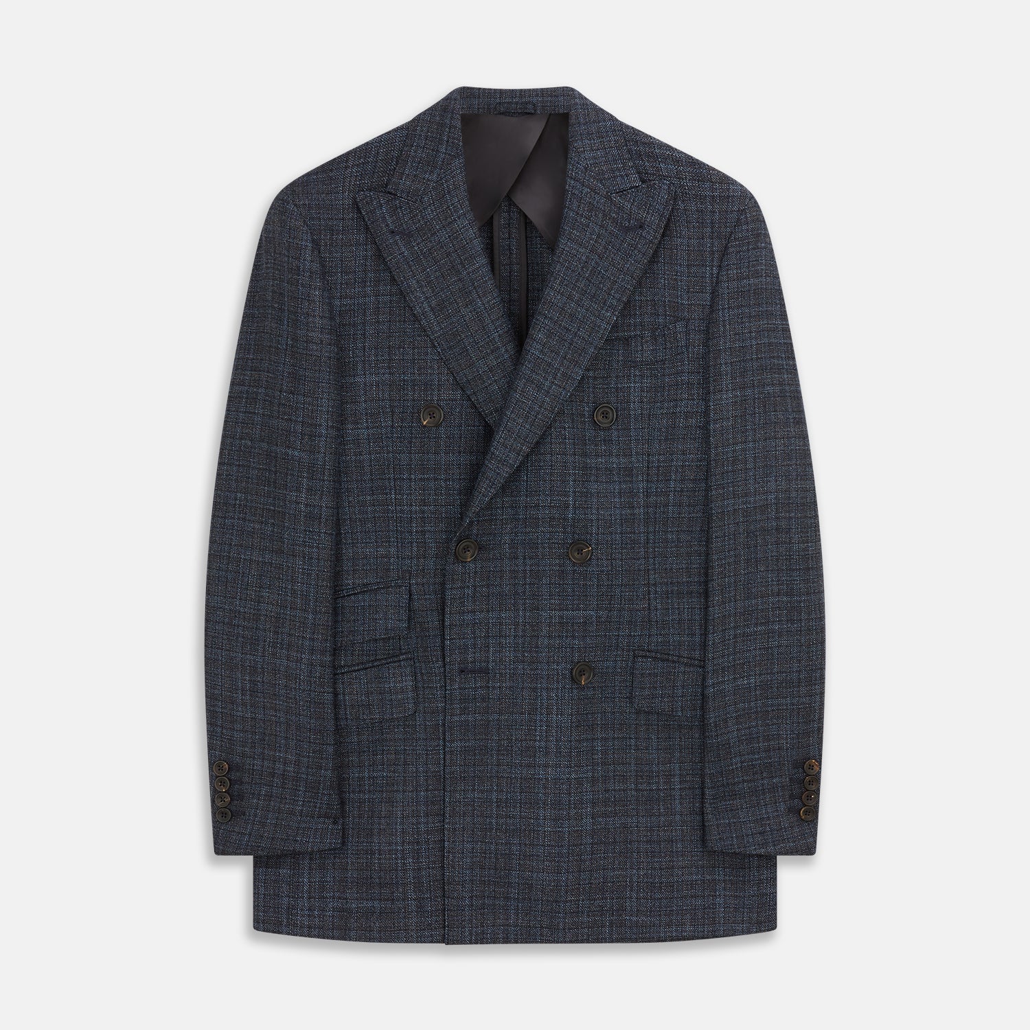 View 1 of product The Turnbull & Asser Navy Check Wool and Cashmere Blend Double Breasted Bertie Blazer features peak lapels, front flap pockets, and brown buttons, shown against a plain white background.