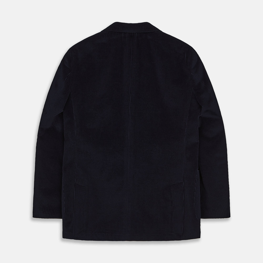 The Turnbull & Asser Navy Cord Bern Blazer, featuring notched lapels, a single button closure, two front pockets, and buttoned cuffs, exemplifies refined Italian tailoring and is shown laid flat on a white background.