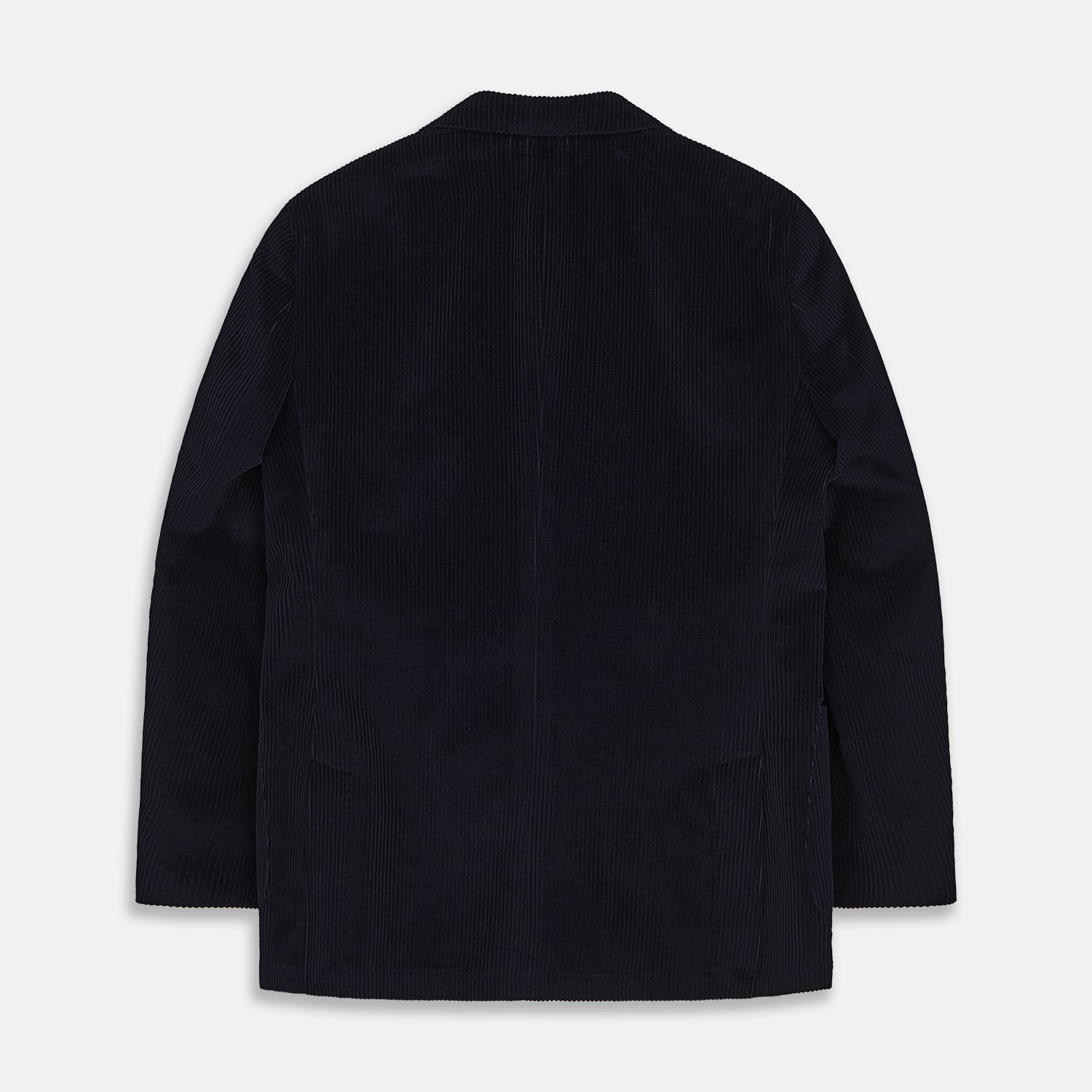 View 4 of product The Turnbull & Asser Navy Cord Bern Blazer, featuring notched lapels, a single button closure, two front pockets, and buttoned cuffs, exemplifies refined Italian tailoring and is shown laid flat on a white background.