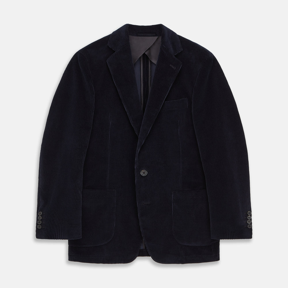 The Turnbull & Asser Navy Cord Bern Blazer, featuring notched lapels, a single button closure, two front pockets, and buttoned cuffs, exemplifies refined Italian tailoring and is shown laid flat on a white background.