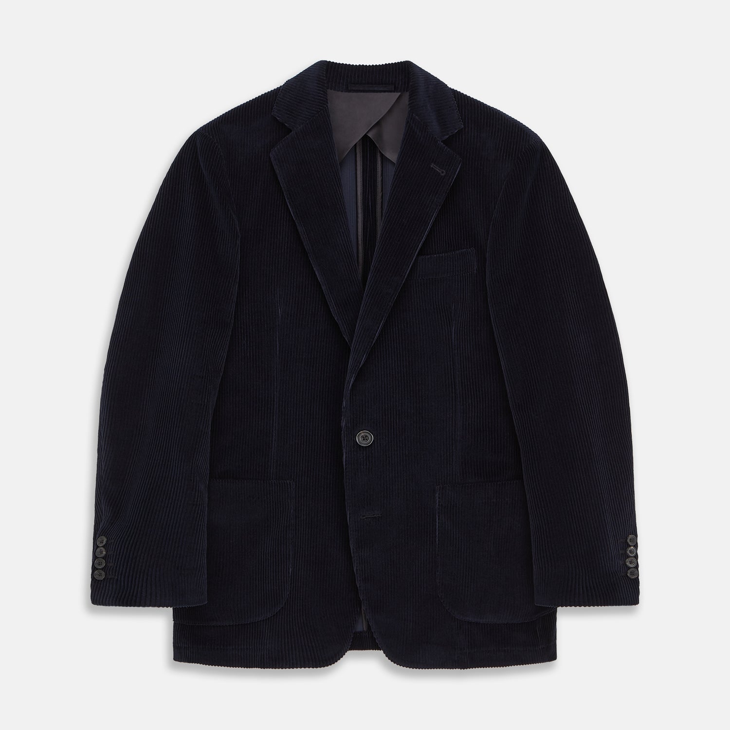 View 1 of product The Turnbull & Asser Navy Cord Bern Blazer, featuring notched lapels, a single button closure, two front pockets, and buttoned cuffs, exemplifies refined Italian tailoring and is shown laid flat on a white background.
