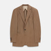 View 1 of product The Brown Virgin Wool Bern Blazer by Turnbull & Asser features notch lapels, two front patch pockets, a chest pocket, buttoned cuffs, and two buttons, shown over a beige collared shirt against a white background.