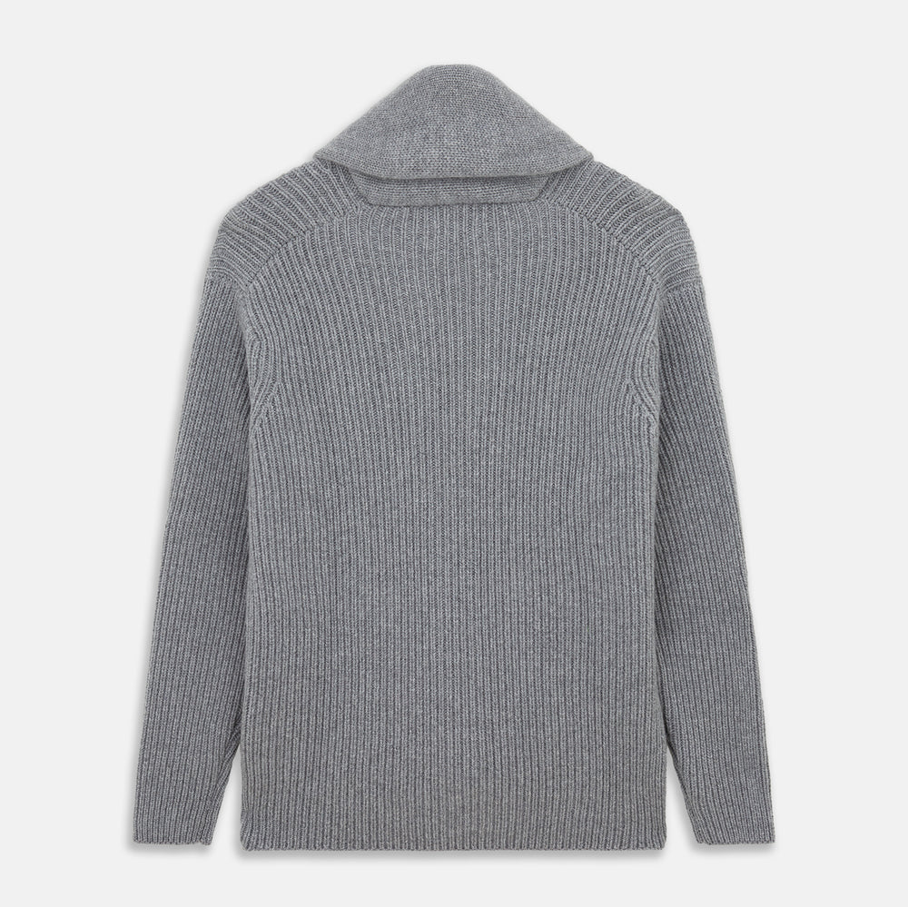 The Turnbull & Asser Grey Ribbed Cashmere Ainsley Cardigan is a luxury 3-ply cashmere knit with a shawl collar, button-up front, and two front pockets, shown laid flat on a white background.