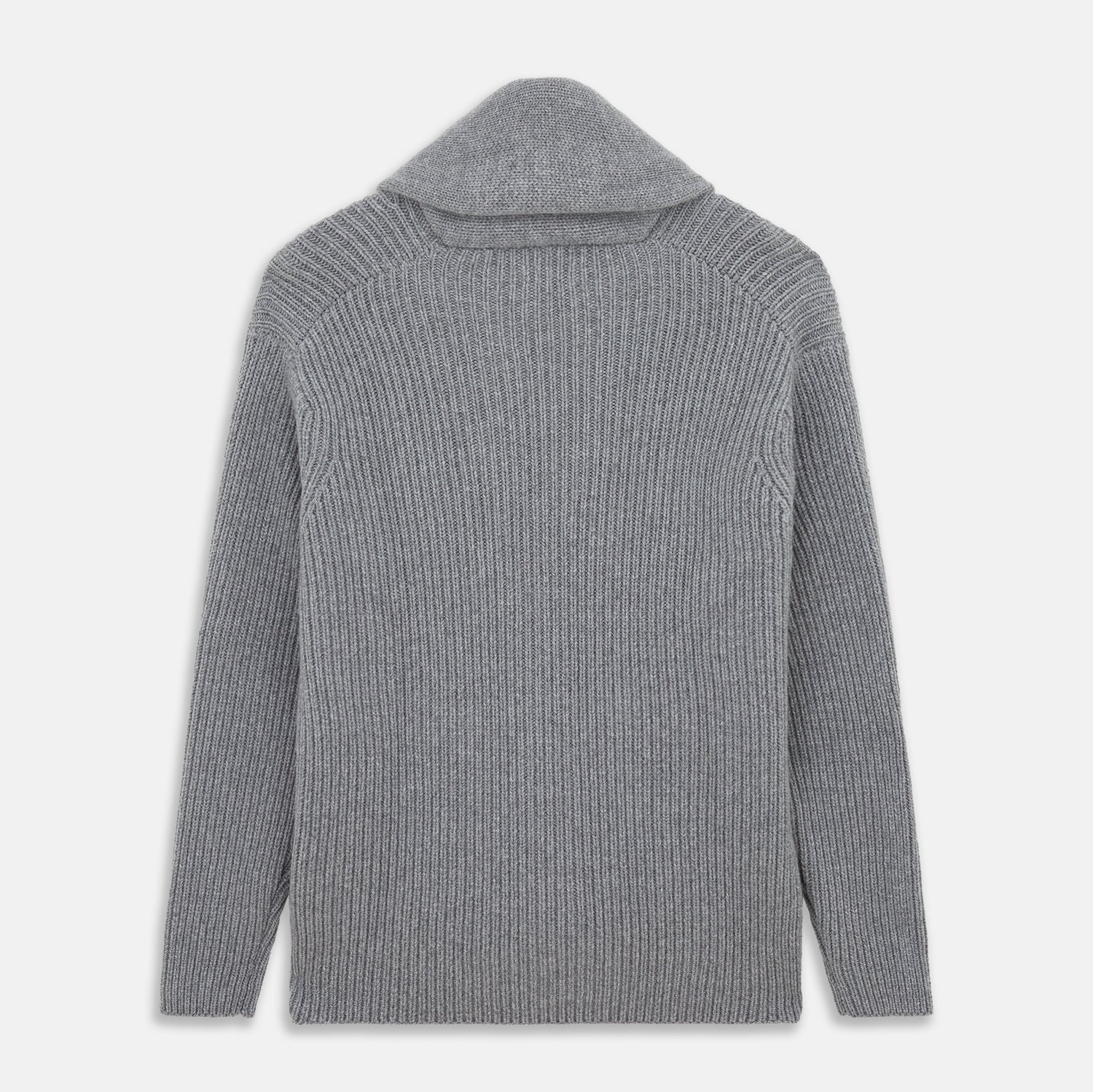 View 3 of product The Turnbull & Asser Grey Ribbed Cashmere Ainsley Cardigan is a luxury 3-ply cashmere knit with a shawl collar, button-up front, and two front pockets, shown laid flat on a white background.