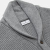 View 2 of product The Turnbull & Asser Grey Ribbed Cashmere Ainsley Cardigan is a luxury 3-ply cashmere knit with a shawl collar, button-up front, and two front pockets, shown laid flat on a white background.