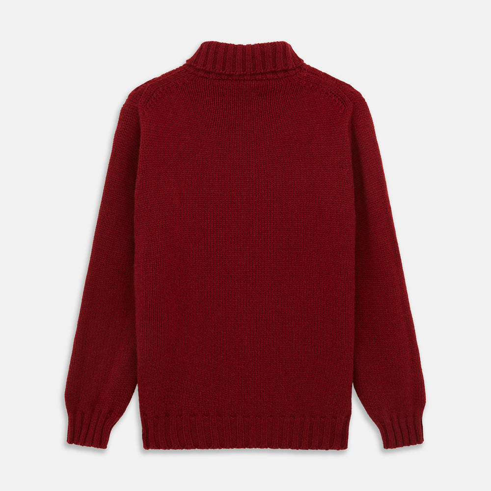 The Russet Cashmere Roll Neck Clark Jumper by Turnbull & Asser is a red, long-sleeve winter knit with ribbed cuffs, hem, and neckline, shown laid flat on a white background.