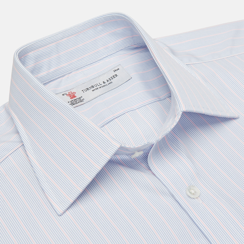A Turnbull & Asser Blue and Pink Grouped Stripe Shirt with T&A collar and double cuffs is laid flat on a white background.