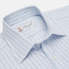 View 3 of product The Turnbull & Asser Blue Grouped Stripe Shirt features a T&A collar, double cuffs, and is displayed on a white background.