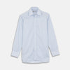 View 1 of product The Turnbull & Asser Blue Grouped Stripe Shirt features a T&A collar, double cuffs, and is displayed on a white background.